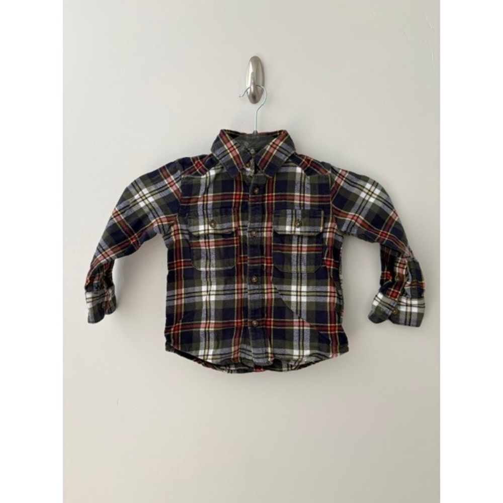 Carters Toddler Boys 2T Plaid Flannel Button Down Shirt Green Navy Red